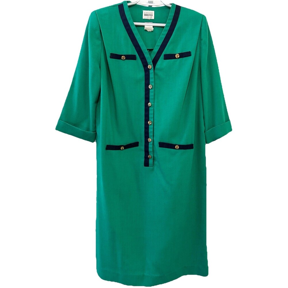 Vintage 80s Leslie Fay Green Navy Gold Button Sheath Dress 14 USA Union Made